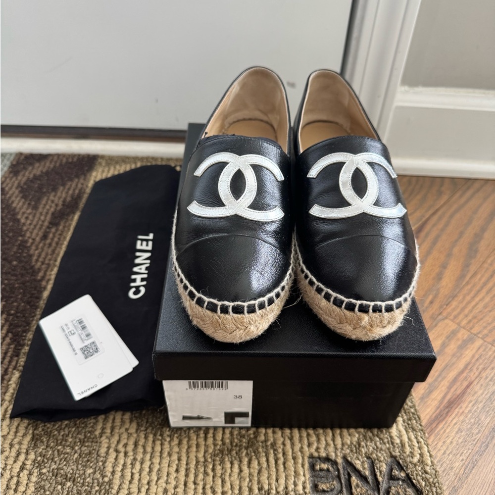 Chanel Black & Silver Espadrille Flats